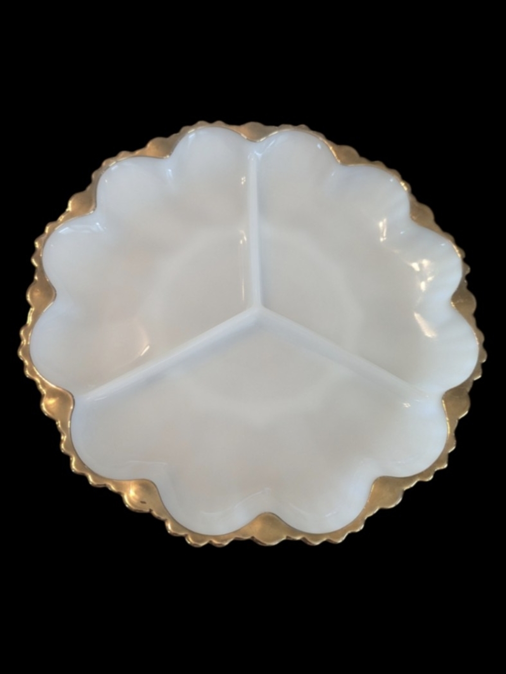 VTG 50s Anchor Hocking Milk Glass 22K Gold Trimmed 3 Section Round Relish Tray